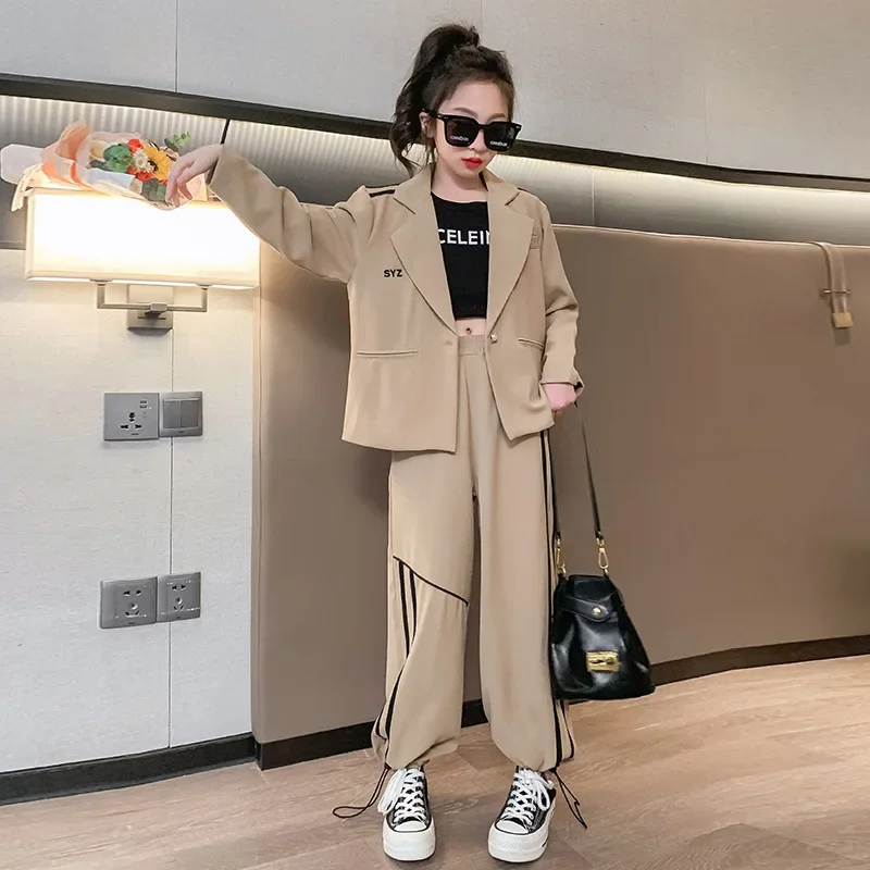 School Kids Clothes Set Spring Autumn Khaki Blazer Pants Two Pieces Teenager Children Costumes 12 13 14 Years Casual Girls Suit