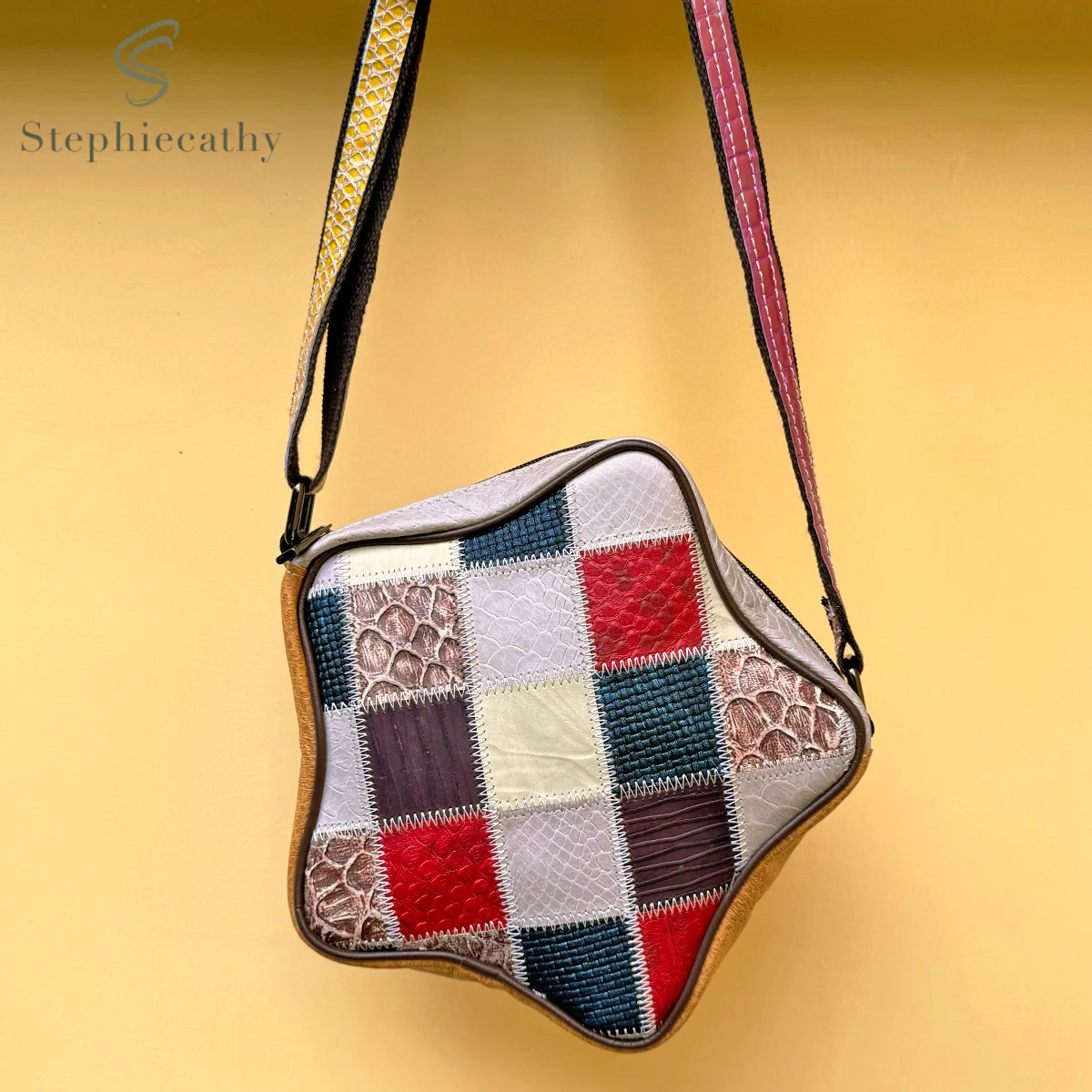 

Brand Design Women Genuine Leather Star Shaped Crossbody Bag Random Color Patchwork Retro Casual Daily Portable Shoulder Handbag