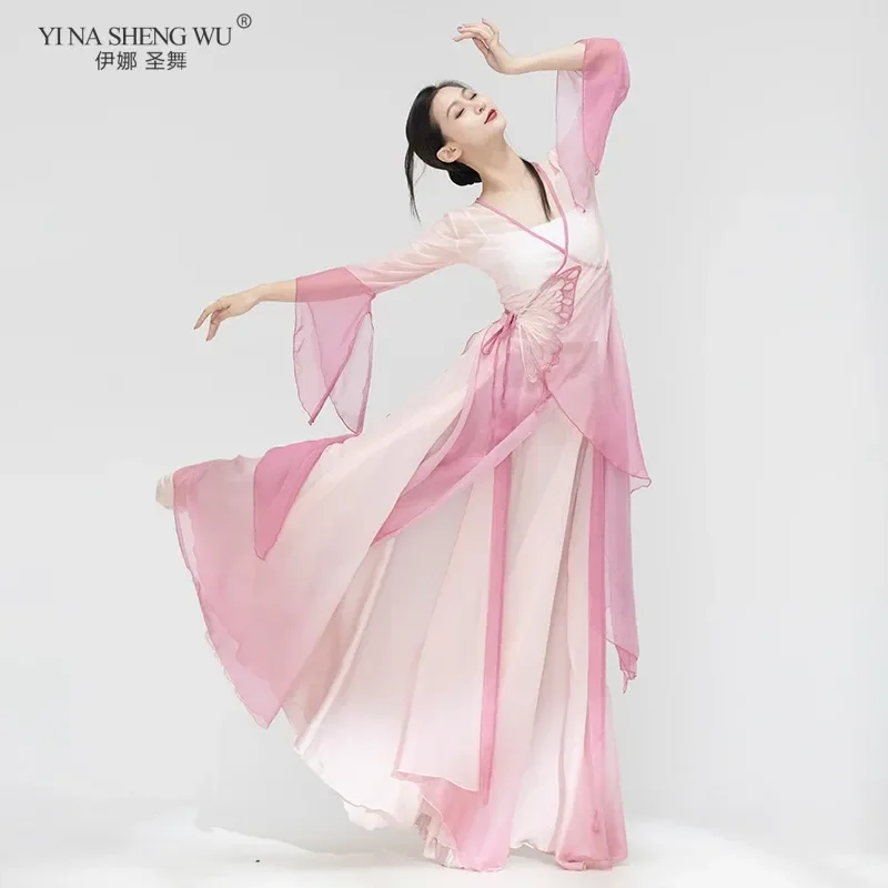 Classical Fan Dancer Performance Costume Chiffon Open Collar Practice Dance Costume Folk Dance Costume
