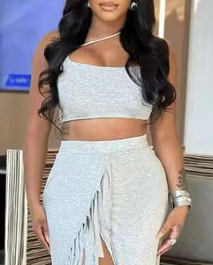 Women's Urban Style Suits 2024 Spring/summer Latest Solid Color Asymmetric Neck Sleeveless Crop Top&slit Tassel Design Skirt Set