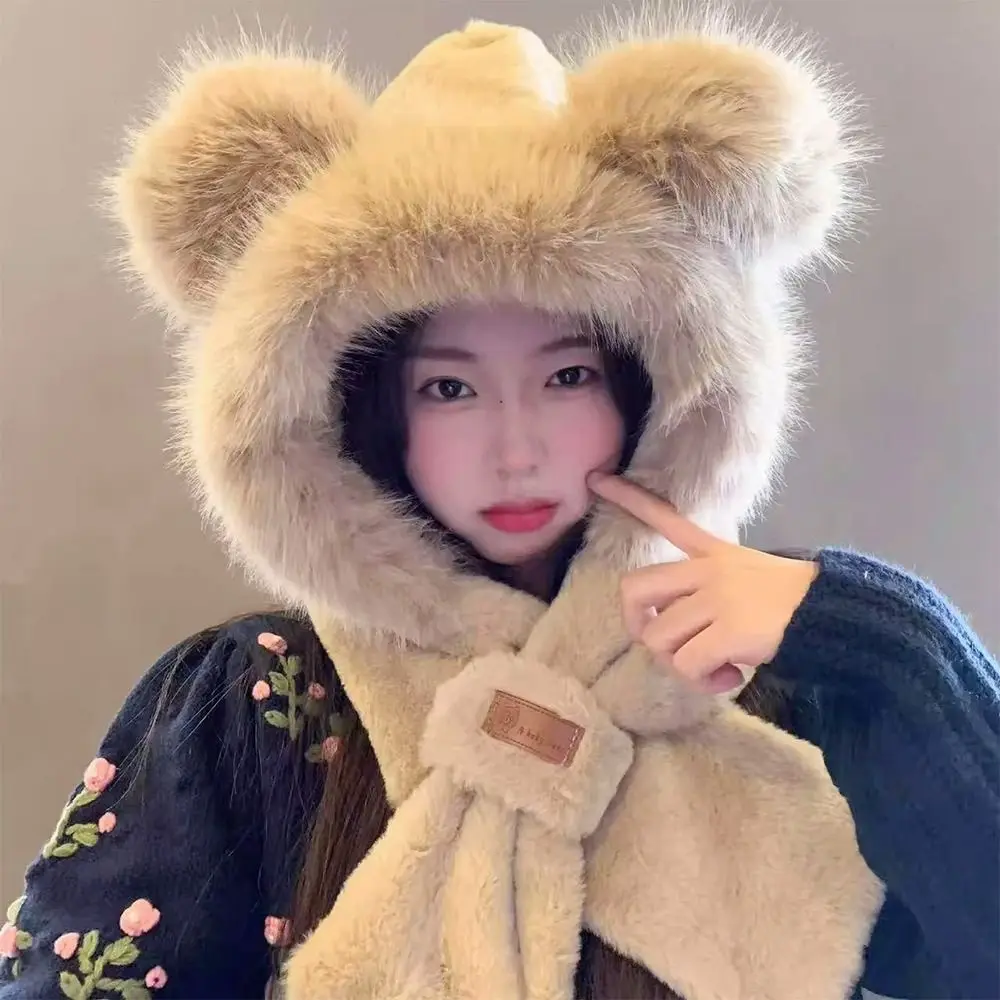 Mignon peluche hiver intégré casquette écharpe chaud épaissi bonnet chapeau écharpe décontracté doux cou plus chaud pour les femmes