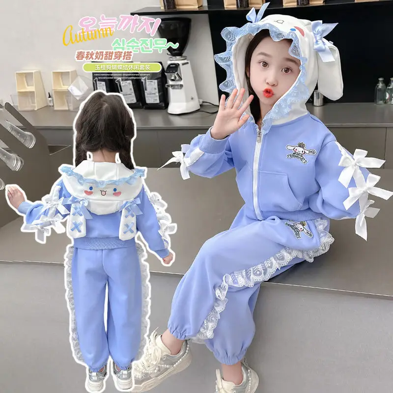 Cinnamoroll Girls Sportswear Suit Autumn Winter Anime Sanrioed Kids Hooded Jacket Pants Fashion Casual Suit Kids Clothes Gifts