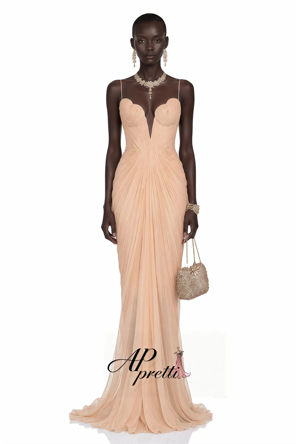 AP pretti Customized Spaghetti Strap Pleat Mermaid Wedding Guest Gown Floor-Length Side High Slit Party Dress Prom Gown ﻿