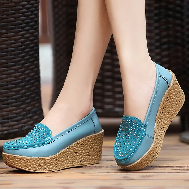 Spring Autumn Women Platform Wedge Shoes Ladies Genuine Leather Moccasins Loafers Casual Slip on Thick Soled Elevator Footwear