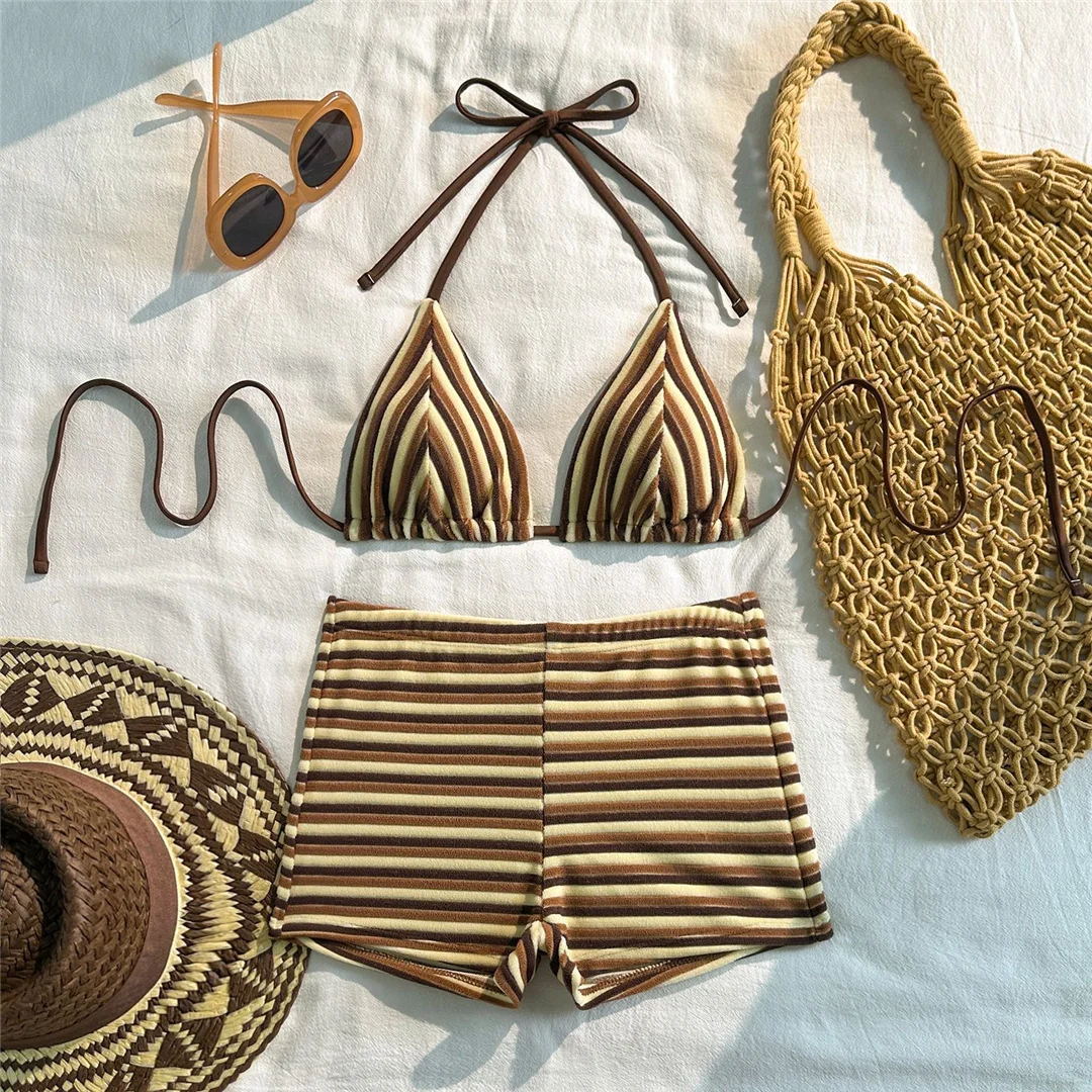 Neuer gestreifter Neckholder-Bikini mit hoher Taille, Damen-Badeanzug, zweiteiliges Bikini-Set mit Shorts, Badebekleidung, Badeanzug, Schwimmanzug V7825 – Detail 10