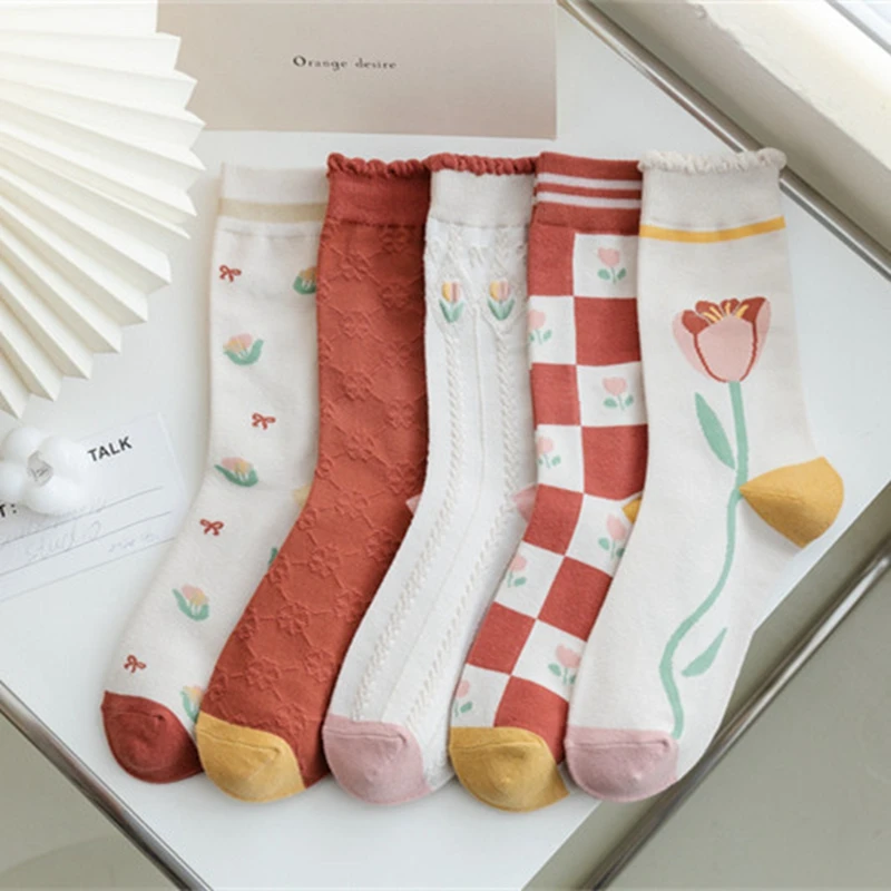 Women Socks Cotton Spring Autume Female Cute Kawaii Middle Tube Tulip Flower Print Ruffle Students Short Socks For Girls Gift