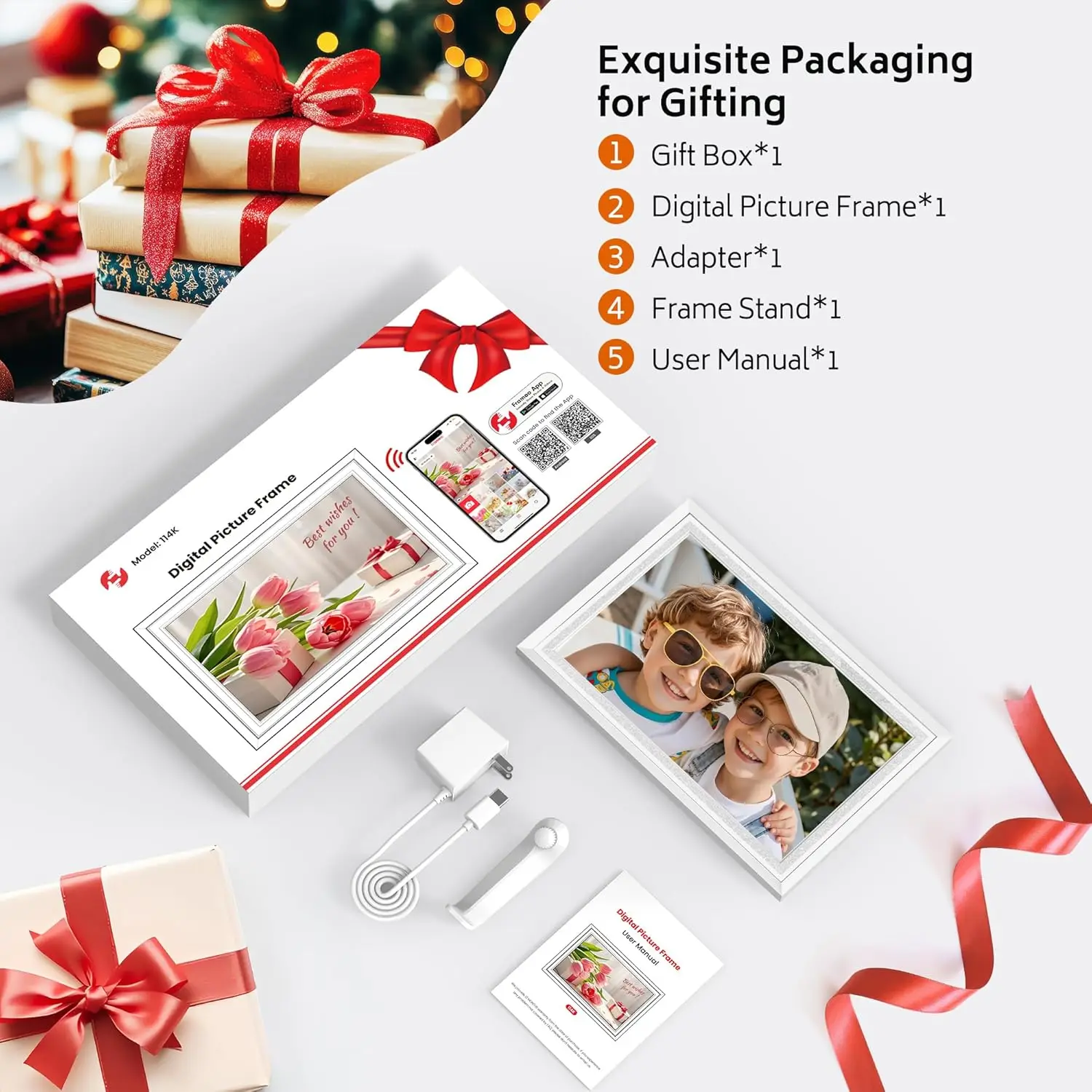 10.1 Inch WiFi Digital Picture Frame Gift, 1280x800 IPS Touch Screen, App Remote Sharing Video Music, 32GB Expandable Memory