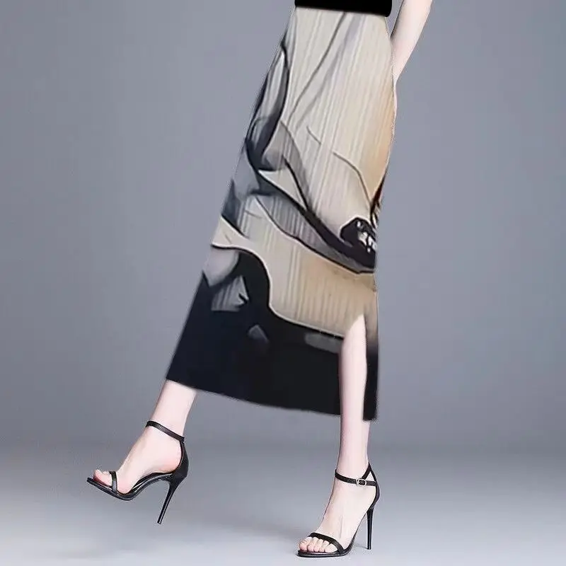 Skirt Printed Drooping Mid-length Slit Dancing Temperament High-waisted Slim Skirt