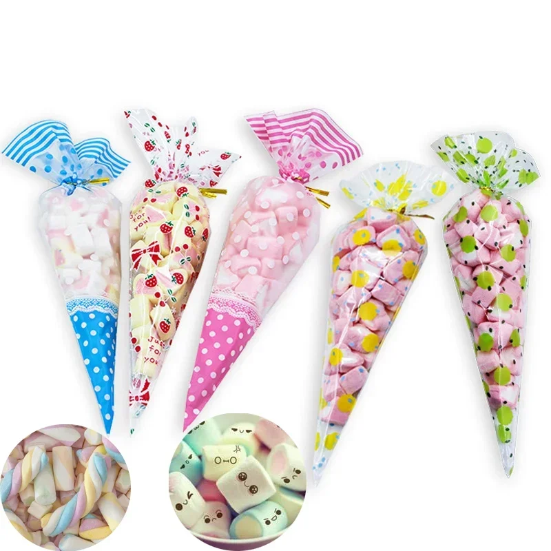 50pcs/lot Cone Shaped Packaging Bags Plastic Gift Bag For Cookie And Popcorn Christmas Birthday Party Supplies Bags Gift Packing