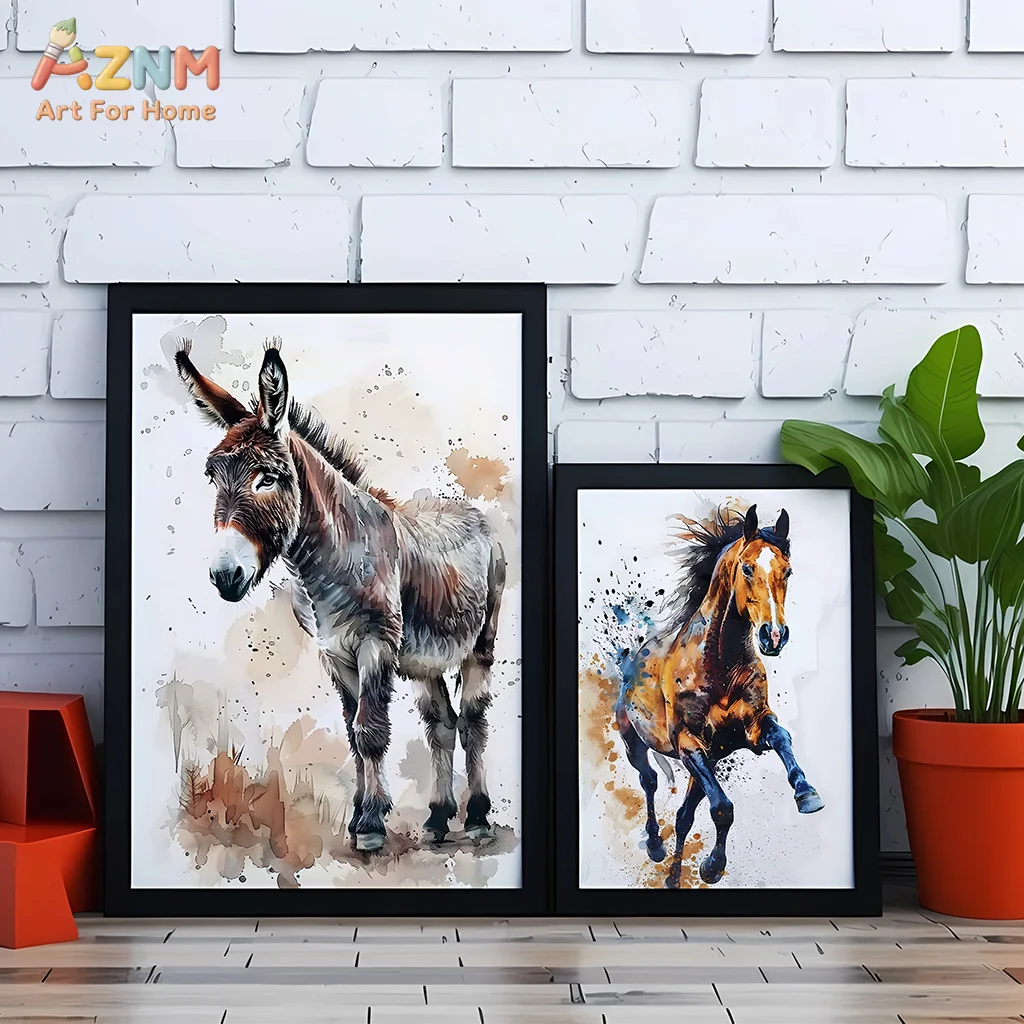 AZNM Watercolor Farm Animal Canvas Print Horse Cow Sheep Camel Donkey Wildlife Water Splash Art Wall Poster Unframed Country Liv