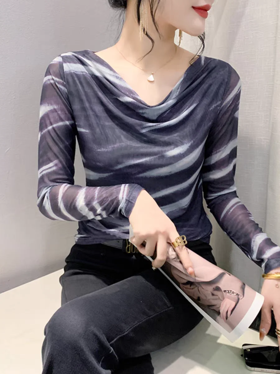2024 Spring Summer Double-Layer Mesh Top Long Sleeve Printing T-shirt Woman Slim Fitting Tee For Female