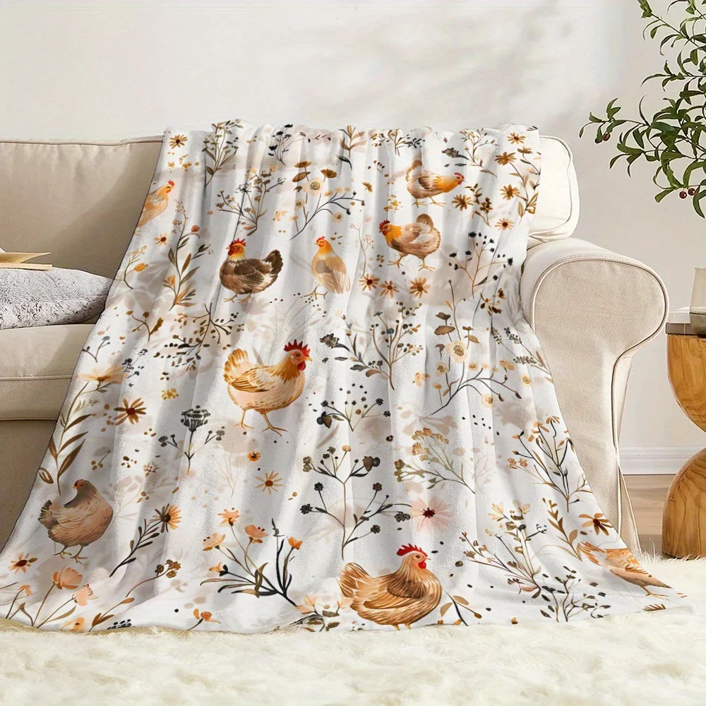 Vintage Watercolor Farm Chick and Floral Print Flannel Blanket - Soft, Warm Digital Printed Polyester Knit Quilt