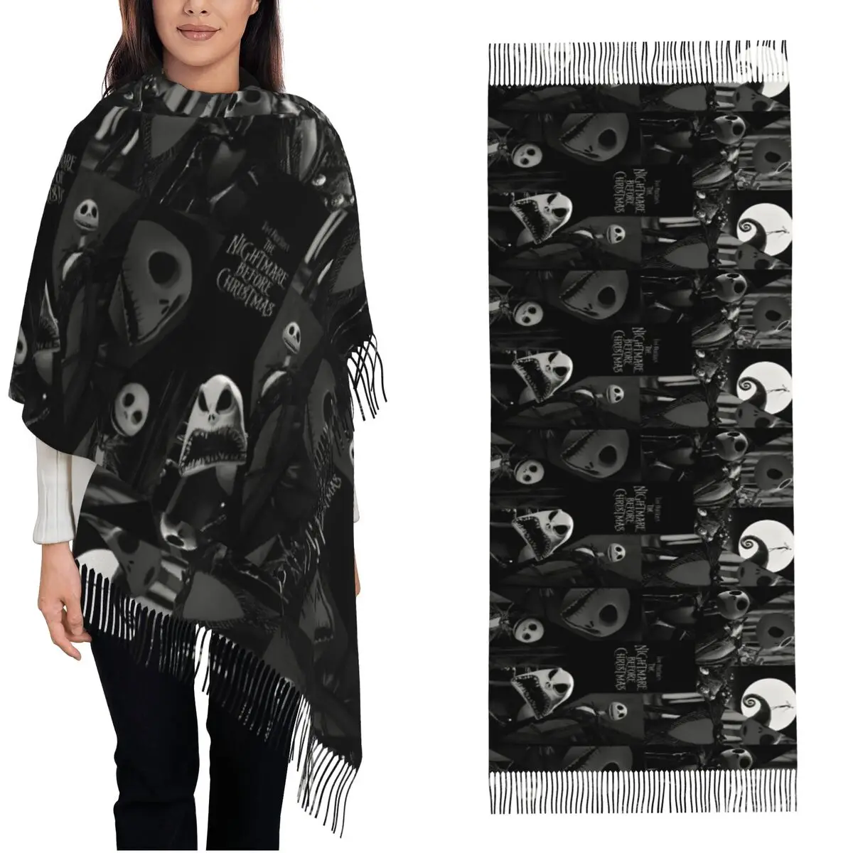 The Nightmare Before Christmas Shawls Wraps Womens Winter Long Soft Scarf Jack Cartoon Halloween Pashminas Tassel Scarves