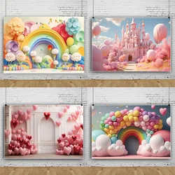 Pink colorful Birthday Party Photography Backdrop For Baby Shower Newborn Cake Decor Banner 3D Balloon castle Flower Background