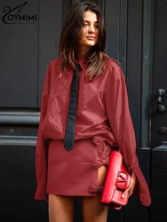 Oymimi-Conjunto de dos piezas de algodón para mujer, camisa elegante de manga larga con minifalda de cintura alta, color rojo, 2024