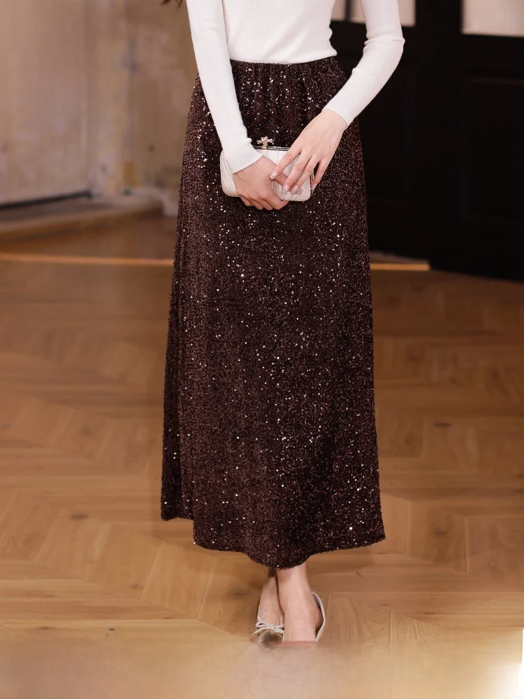 

E.Beau Velvet Elastic Waist A-Line Skirt Women's Faion Spring 2025 Sparkling Sequin Silk f-length Skirts