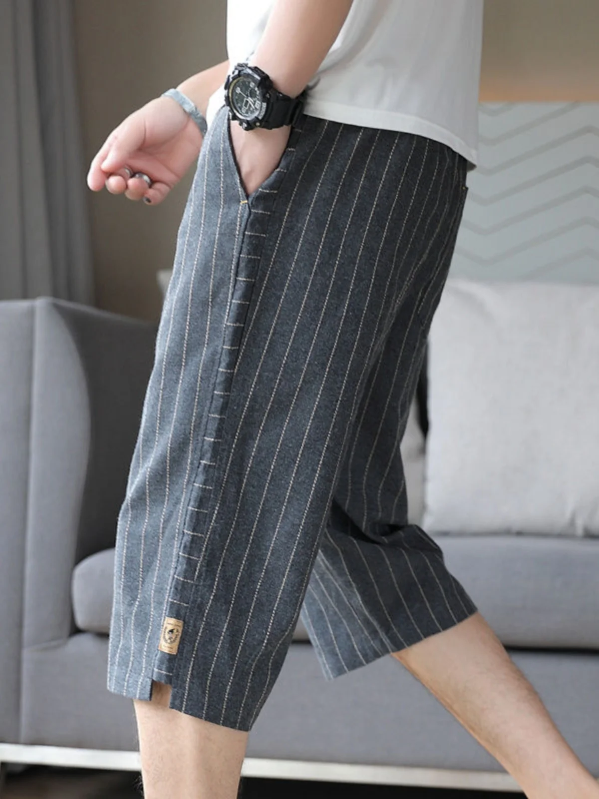 

Мужские летние брюки Lin Men Seven-Foot: Новинка, модные, свободные, из тонкого хлопка и льна, прямые, повседневные, укороченные, со средней посадкой на талии