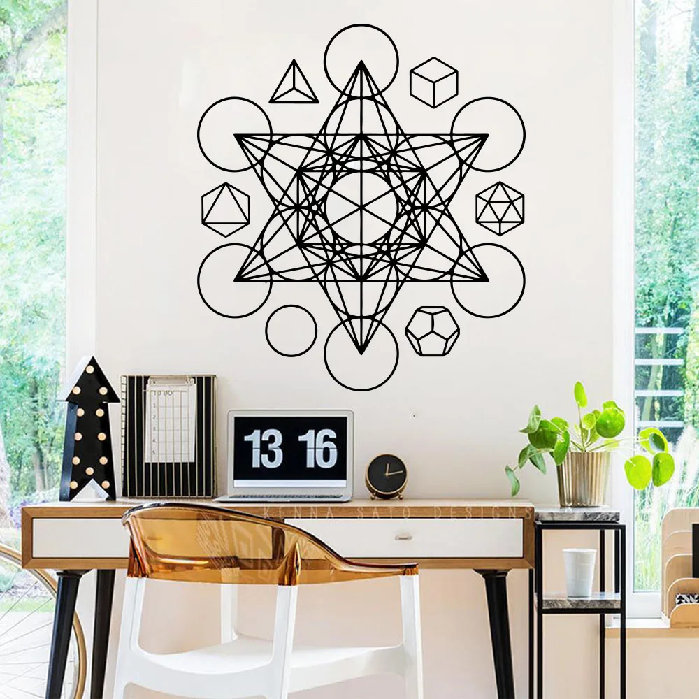 Duża kostka metatrona święta gwiazda Tetrahedron naklejka ścienna naklejka ogień ziemia woda powietrze wszechświat Vinyl sypialnia wystrój salonu