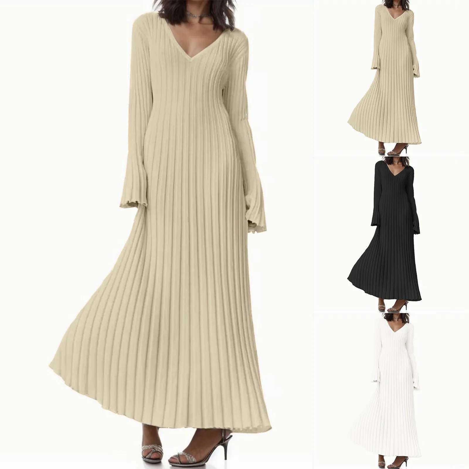 

Женское осенне-зимнее однотонное модное Повседневное платье трикотажное Ребристое элегантное платье-свитер с V-образным вырезом Плиссированное длинное платье с высокой талией