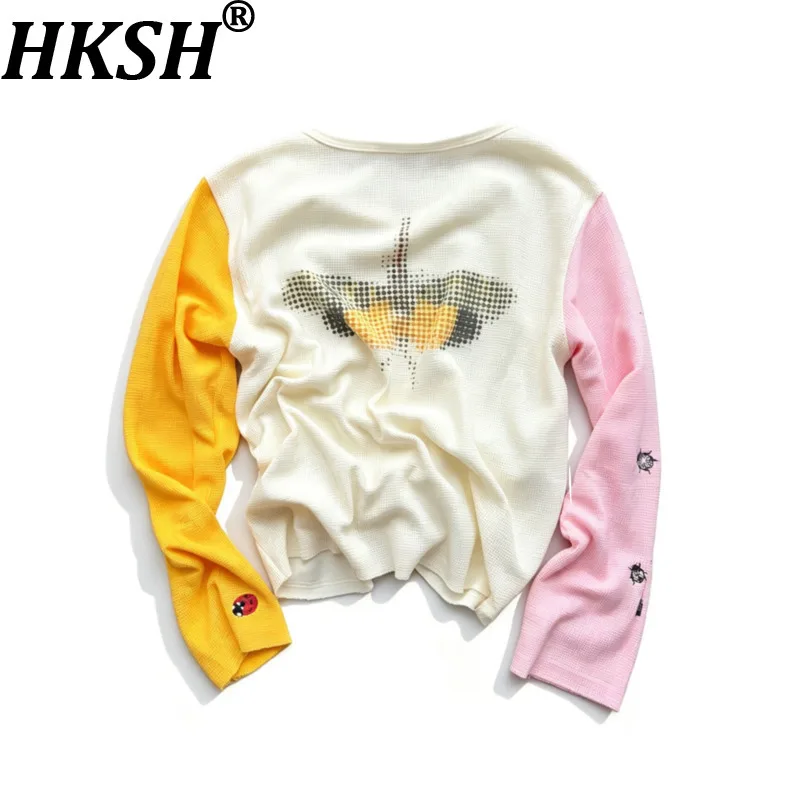 HKSH Spring Autumn New Men Tide Chic Ins Punk Fashion Washed Print Embroidered Color-Blocked Waffle T-shirt Y2K Pillover HK28452