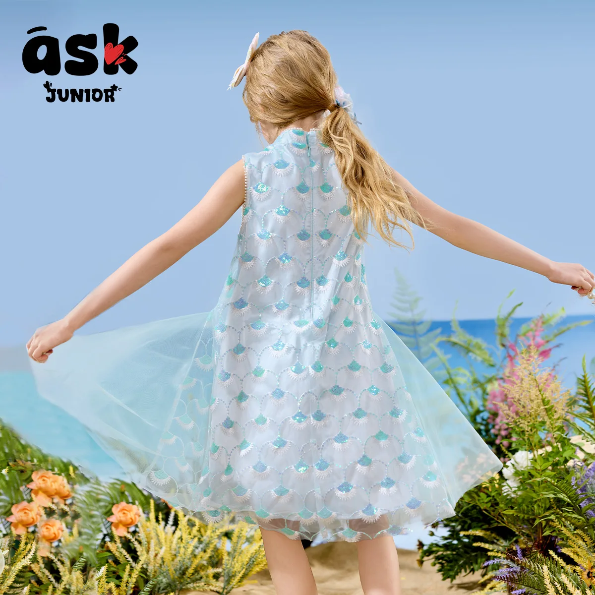 فستان الأميرة حورية البحر للفتيات الصيفية باللون الأزرق المطرز بدون أكمام وياقة واقفة #4