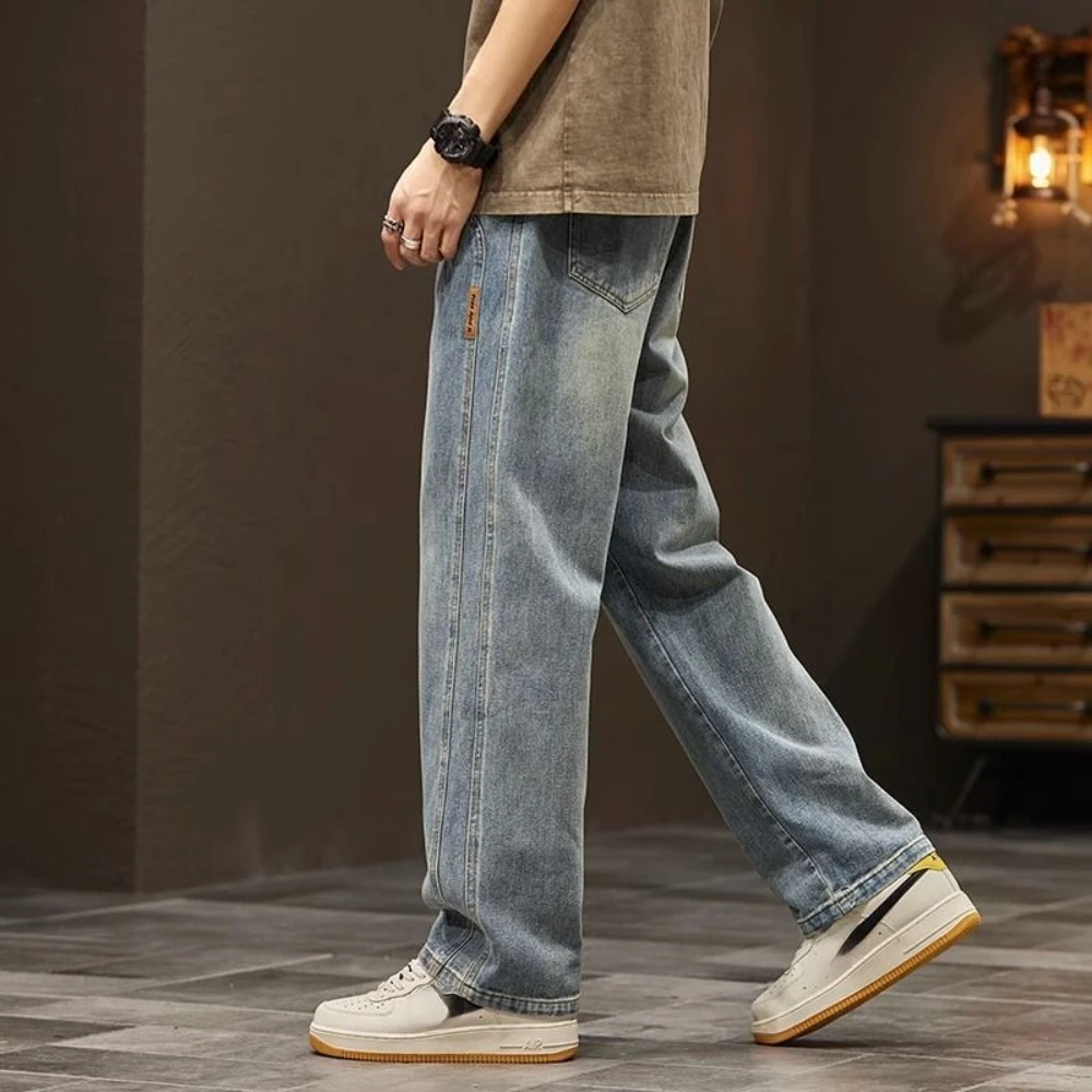 Solid Color Denim Pants  Mens High Street Distressed Wide Leg Pants Streetwear Loose Casual Trousers  Men Jeans Straight Tube