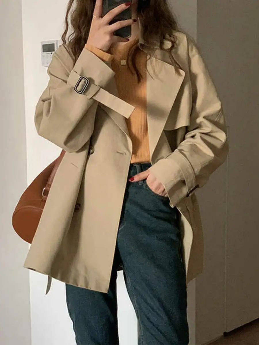 

Briti Sle Khaki Color Outerwear Coat Brand Button Women's First Edition This Year's Trending Commuter Long Sve Mid-Length