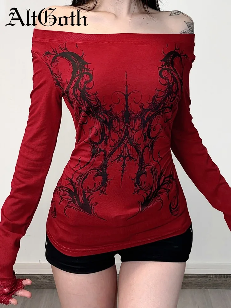 

AltGoth Vintage Gothic Red T-shirt Women Harajuku Streetwear Y2k E-girl Cyber Punk Sexy Off The Shoulder Long Sleeve Tee Tops