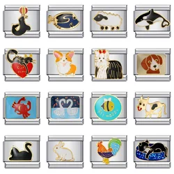 Y2k Animal Dolphin Swan Fish Dog Cat Italian Charm Links Fit 9mm Stainless Steel Bracelet Jewelry DIY Making Jewellry