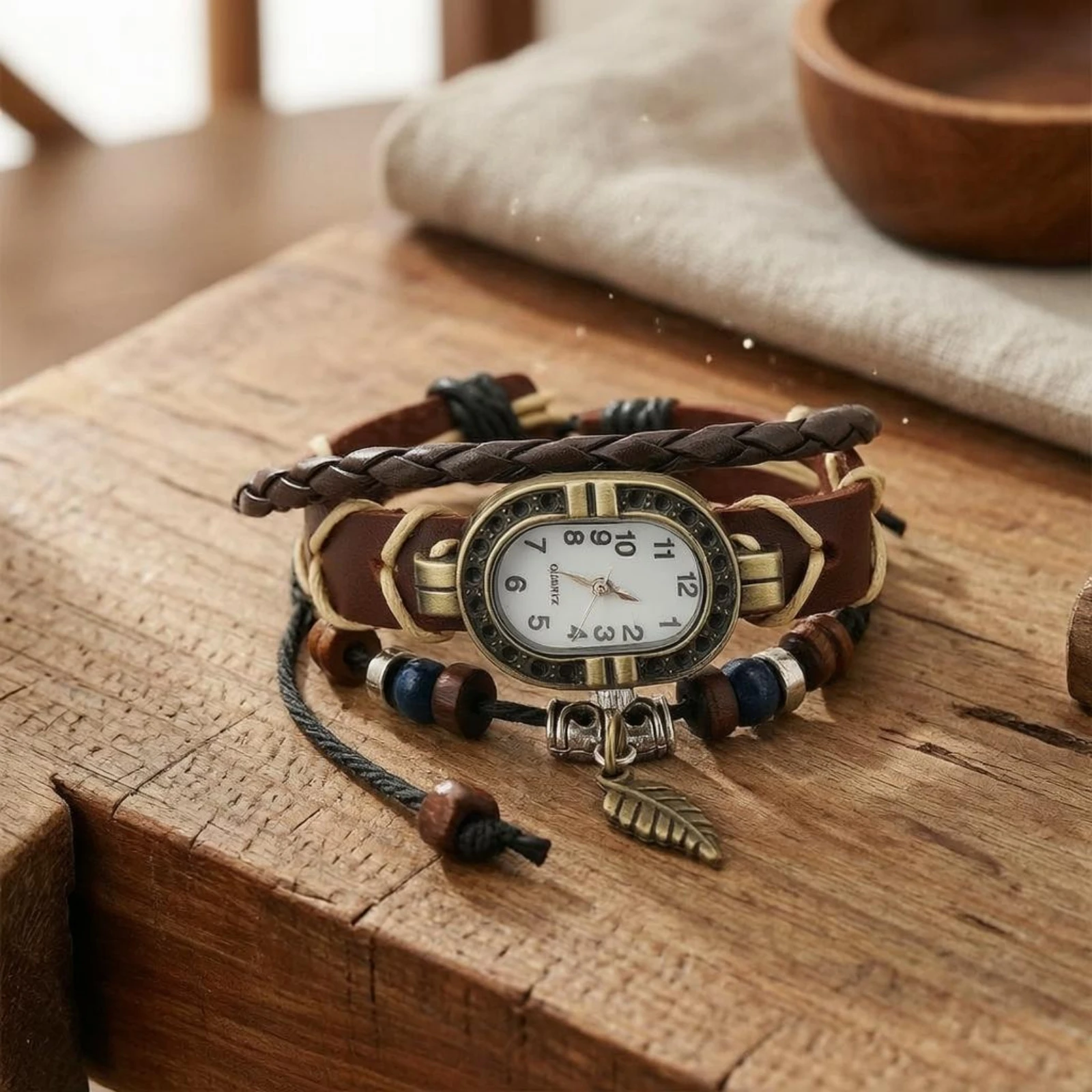 Leather Bracelet Watch Handmade Oval Dial Bracelet Watch Fashion Accessory Braided Cord Leaf Pendant Charm