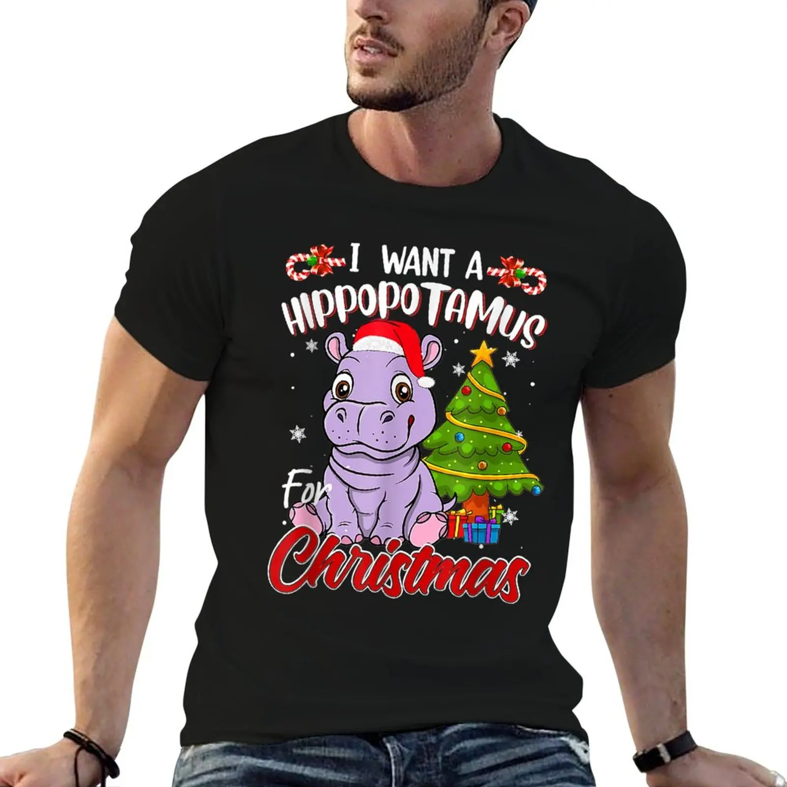 

I Want A Hippopotamus For Christmas Funny Hippo Pajamas Xmas T-Shirt cotton t shirt man man t shirt cotton T-Shirt