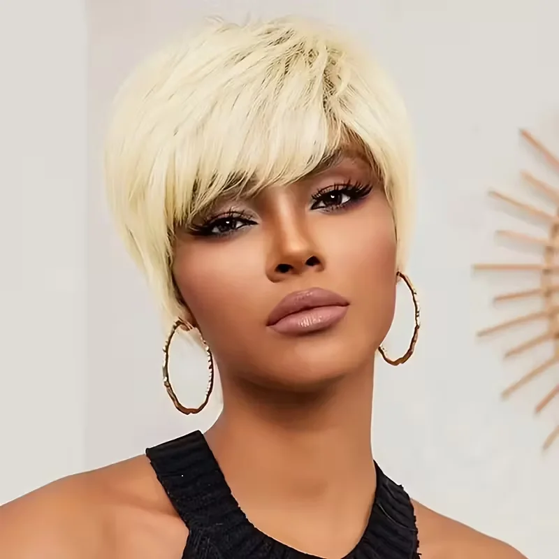 

613, прямые человеческие волосы Remy, парик пикси, машина для изготовления челки, термостойкий, легко стильный женский парик