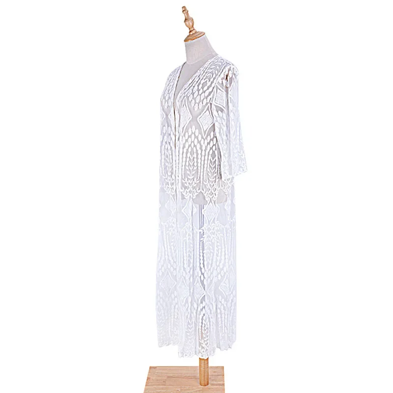 Kimono de encaje blanco para mujer, cárdigan largo, mangas acampanadas, vestido transparente, capa para traje de baño, prendas de vestir exteriores