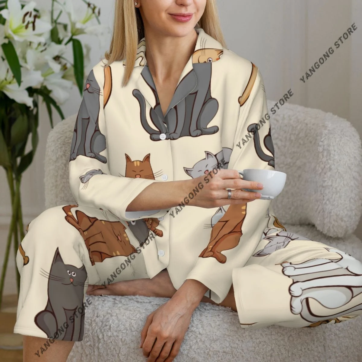 

Women's Pajamas Long-sleeved Girl Loungewear Two-piece Set Various Cats Pattern Pajamas for Autumn Spring