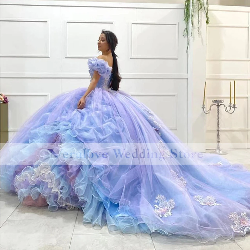 블루 라일락 볼 가운 Quinceanera 드레스 2022 오프 어깨 스위트 16 드레스 vestidos 드 quinceaneras 맞춤 제작