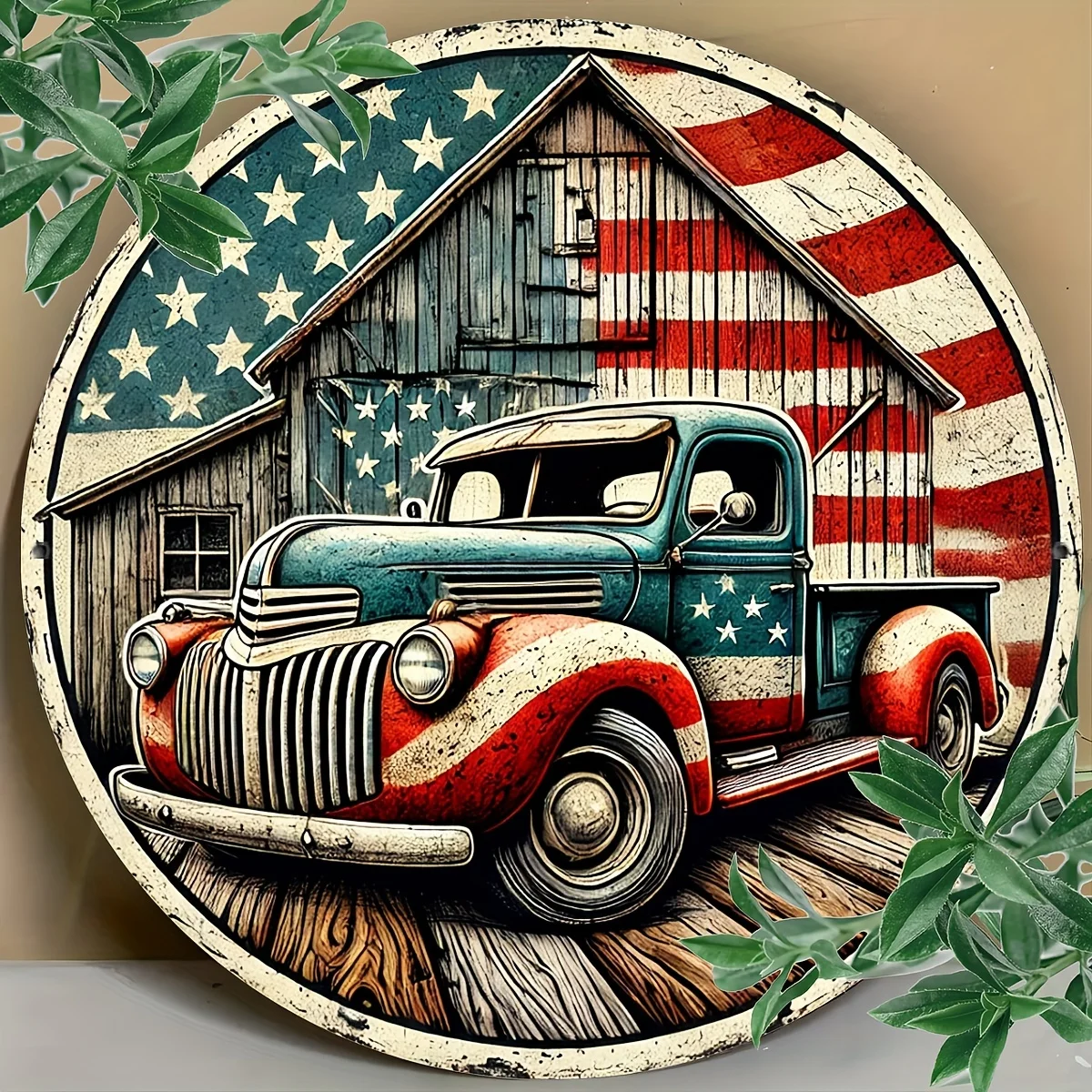 Vintage Blue Truck 20,32 x 20,32 cm rundes Metallschild – rustikale amerikanische Flagge, Dekor für Zuhause, Garten, Bar und Café, langlebiges Aluminium-Wa