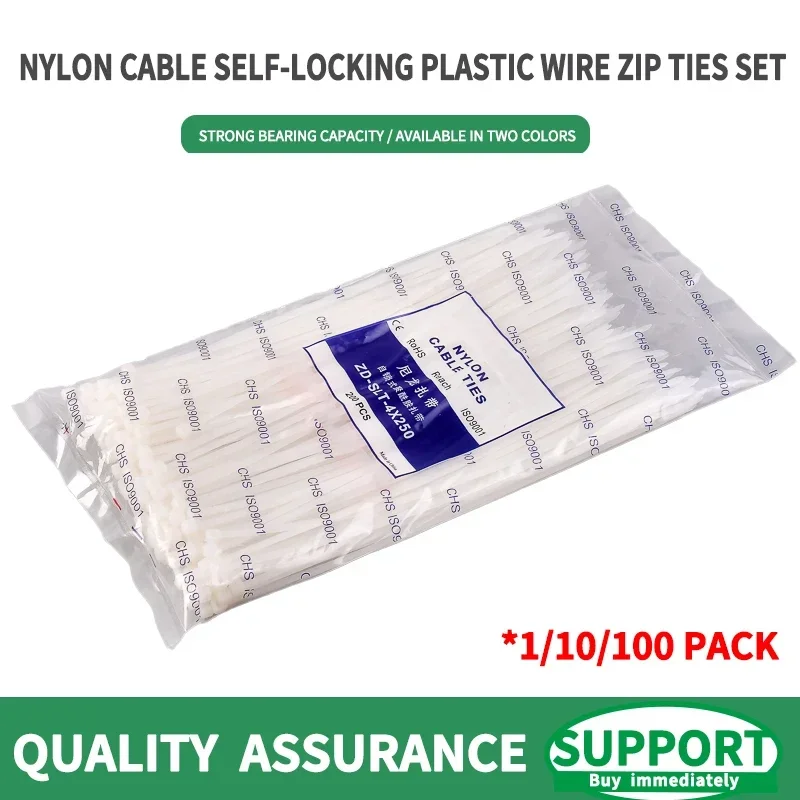 

Pack of 1000/250Pcs White Nylon Cable Self-locking Wire Zip Ties Set Kit 3*100 3*150 4*200 Industrial Supply Fasteners Cable