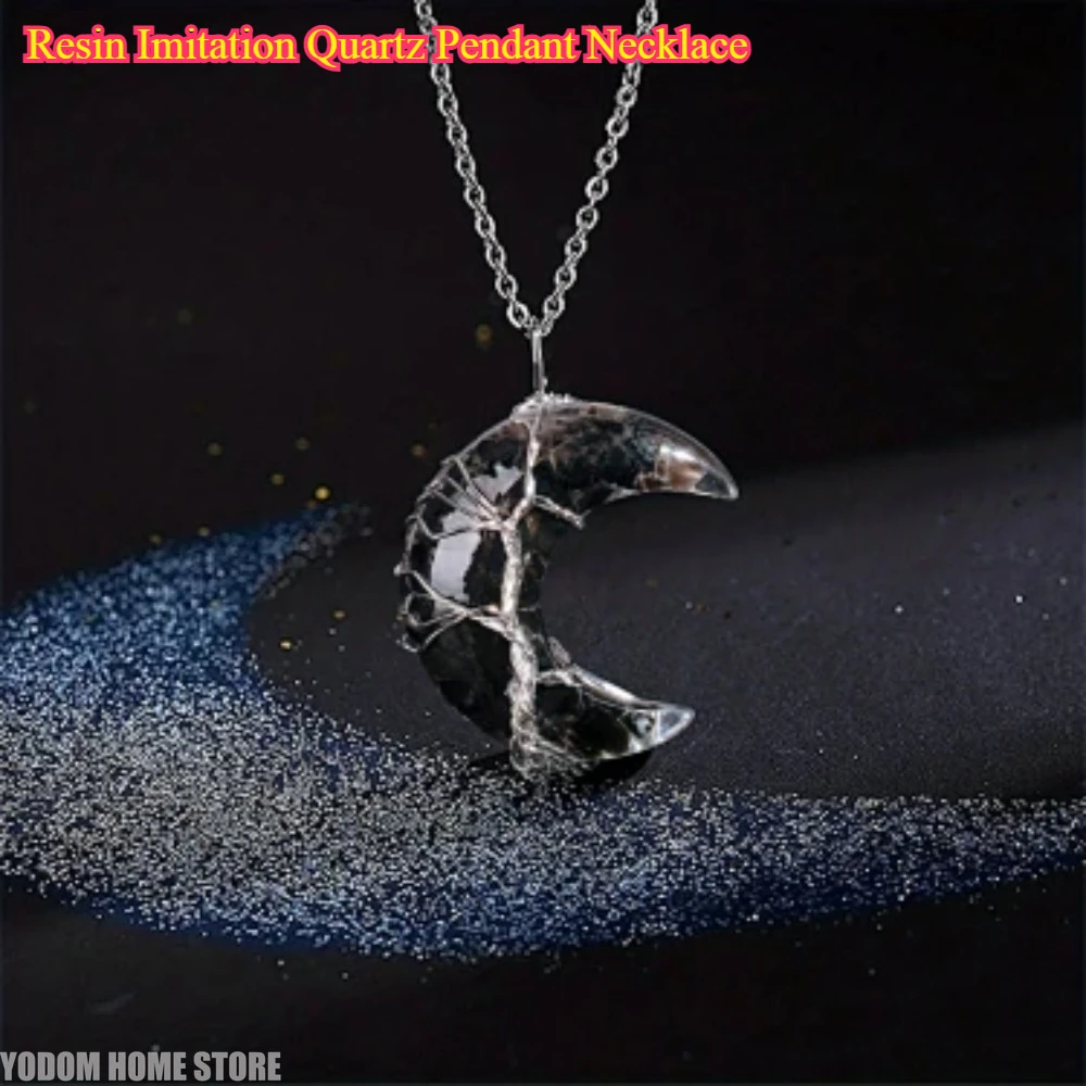 Resin Imitation Quartz Pendant Necklace - Tree of Life Wrapped Moon Healing Jewelry