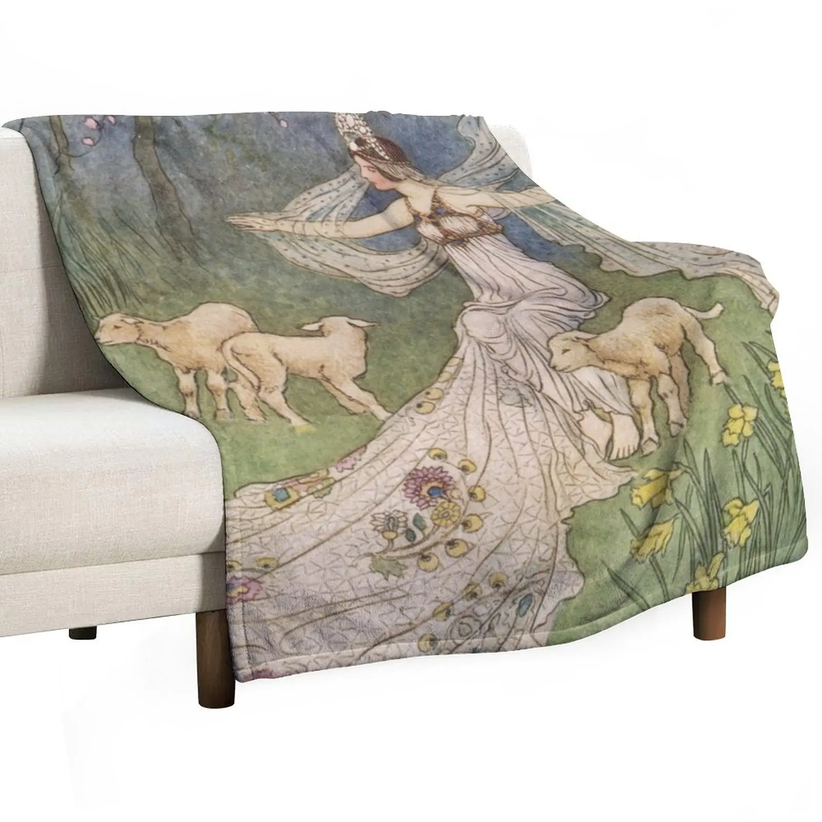 

Goddess of Springtime with lambs vintage illustration - Warwick Goble Throw Blanket cosplay anime Heavy Blankets