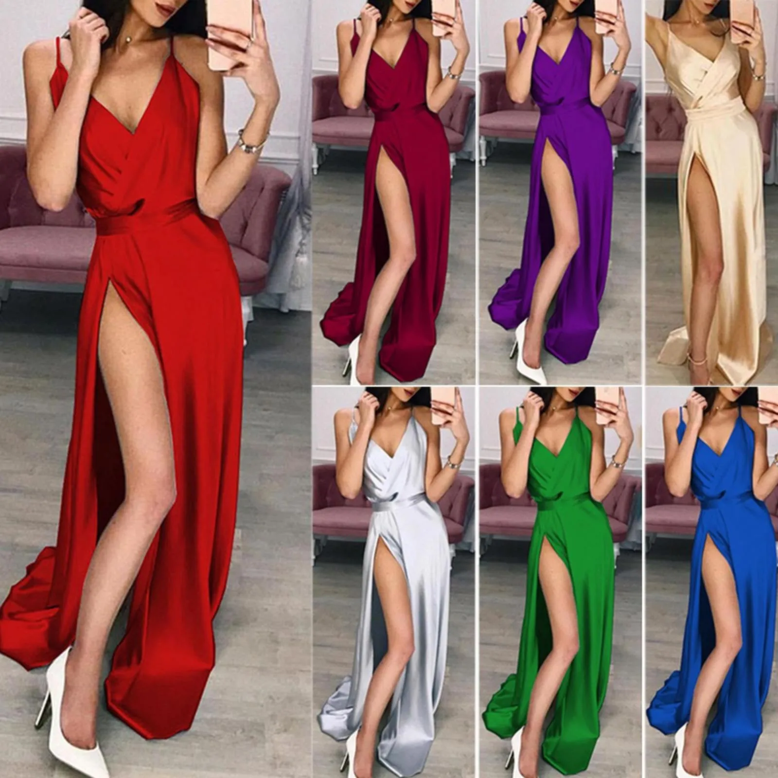 Women's Dresses Elegant Satin Spaghetti Side Slit Wedding Holiday Cocktail Dress Long  Party Evening Dress платья женское