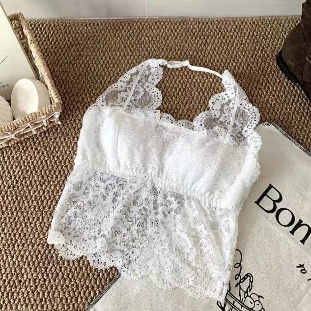 Chest Cushion Top Mesh Flower Lace Camisole Sleeveless Bottoming Shirt Halter Neck Camisole Transparent Lace Crop Tops Women