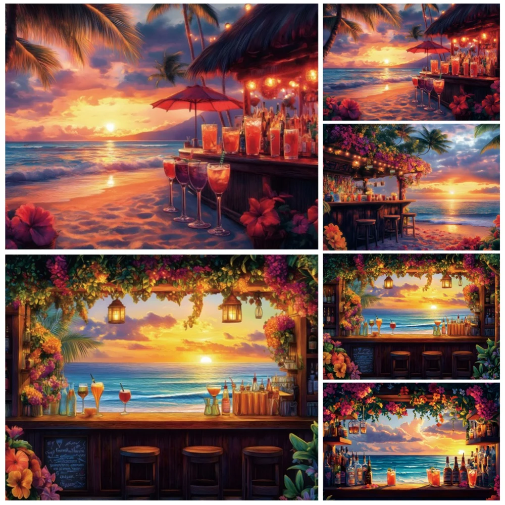 Summer Seaside Holiday Party Decor Backdrop Sunset Sand Coconut Tree Flower Floral Birthday Decoration Photography Background