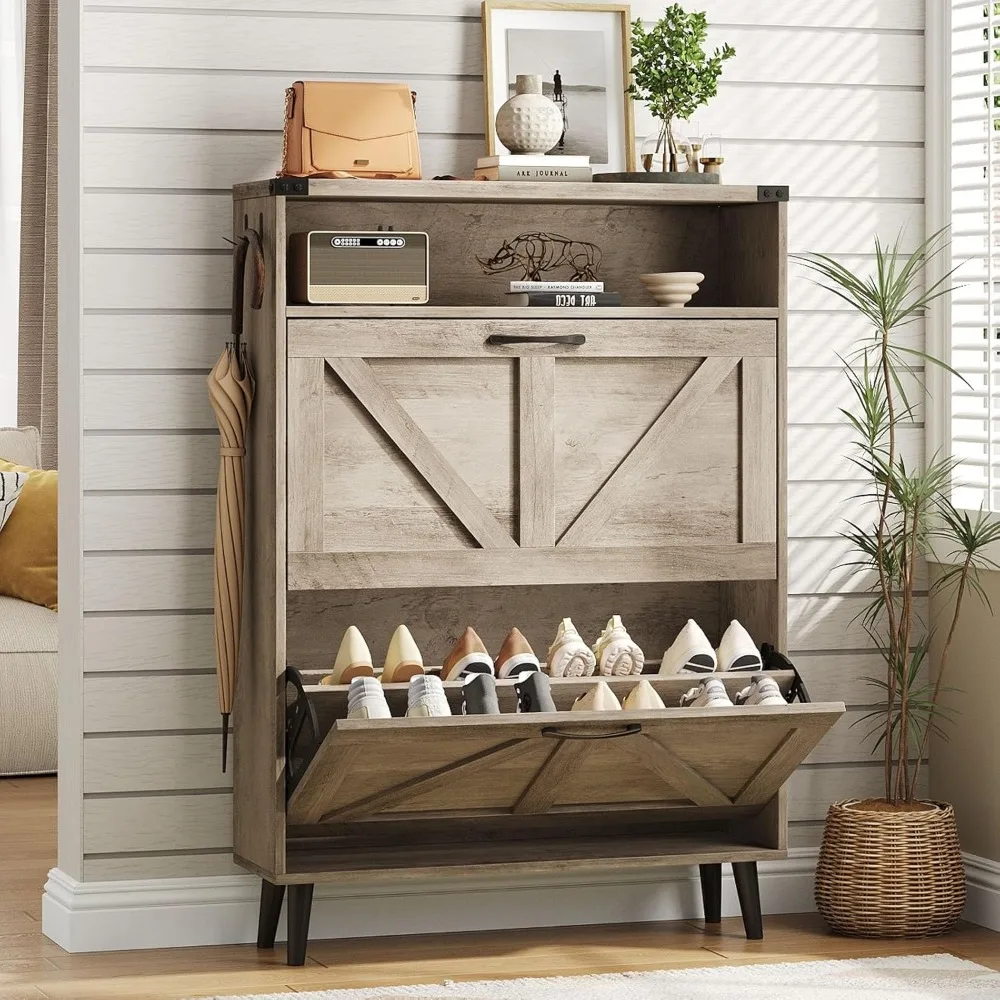 

Качественный продукт Шкаф для хранения обуви с двумя откидными ящиками, отдельно стоящий узкий органайзер для обуви с открытым хранилищем, скрытая тонкая обувь Ra