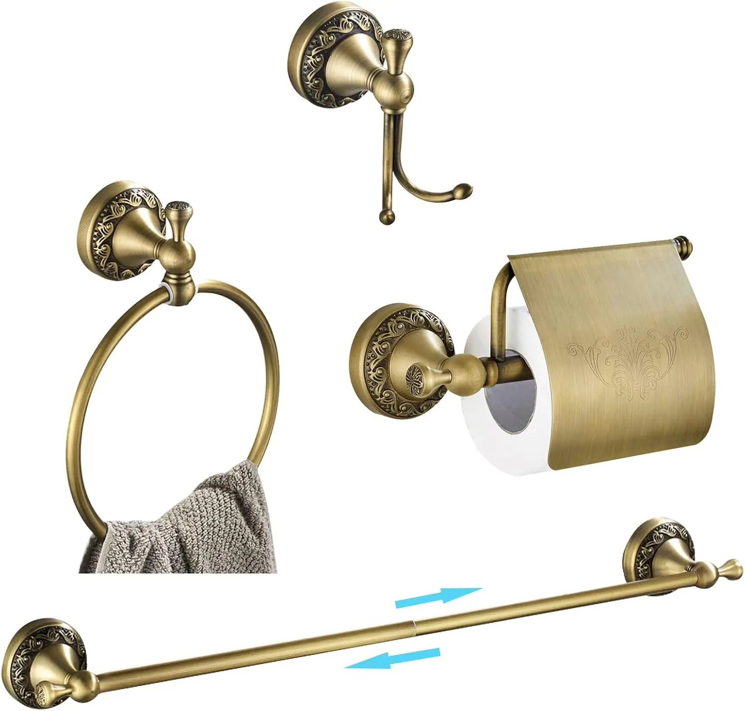 

Antique Brass Bathroom Accessories Set 4 Piece, Adjustable Towel Bar 24 Inch, Toilet Paper Holder, Towel Ring, Robe Hook Wall