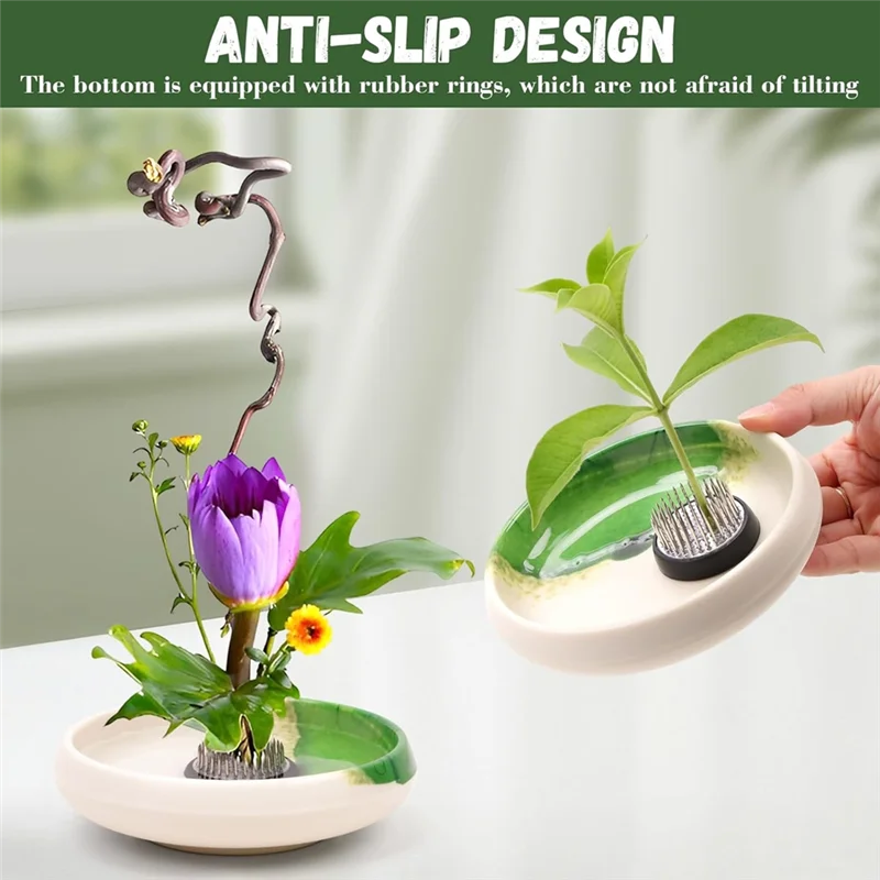 

【Фаворит!】Набор для цветочного искусстваIkebana, японская ваза Ikebans и для цветочной лягушки, 5,35 дюйма, белая чаша, горшок 1,57 дюйма Kenzan для Flower Arra