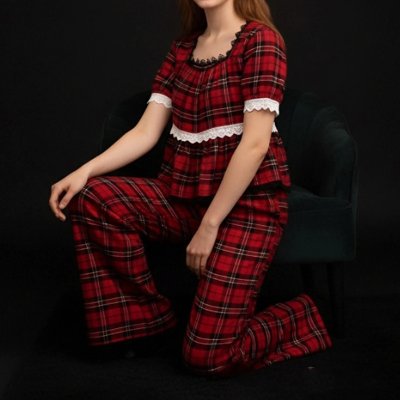 

Women Summer Plaid Ruffles Pajama Sets Puff Short Sleeve Lace Trim Babydoll T-shirts Tops Wide Leg Pants Sleepwear Loungewear