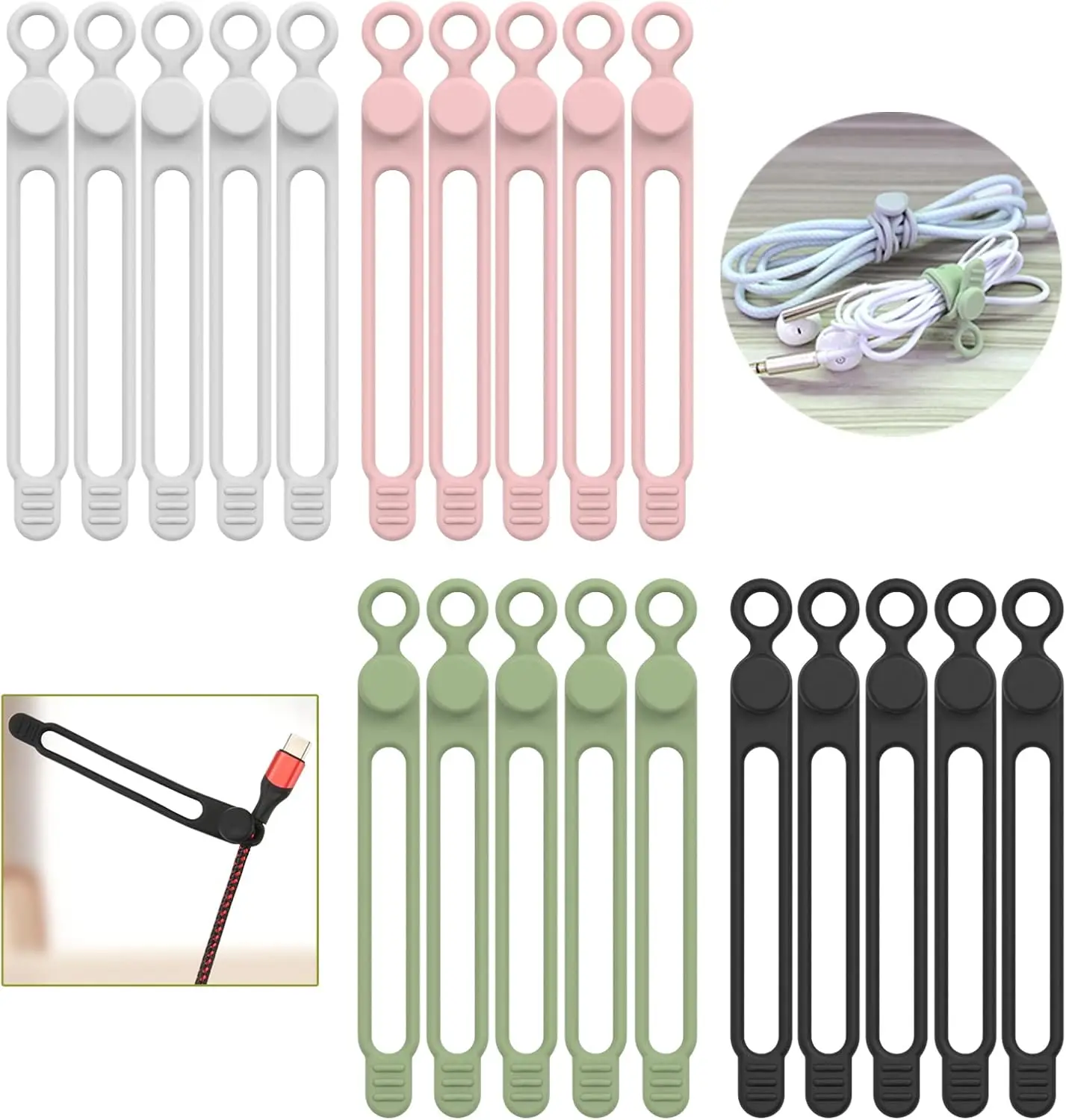 

Reusable Silicone Cable Ties, Elastic Cord Organizer for Cables, Wires, and More - 20 Pack, 4 Colors