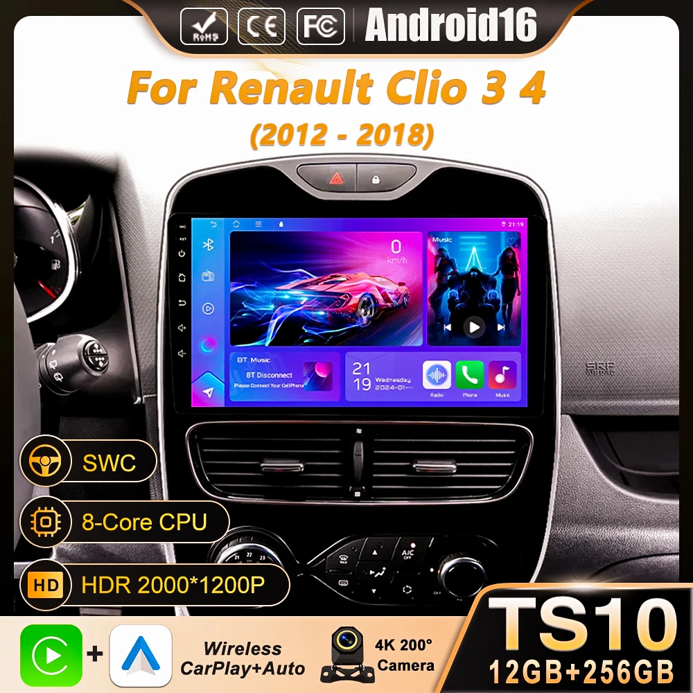 Android 16 Carplay Auto WIFI+4G For Renault Clio 3 4 2012 2013 2015 - 2018 Car Radio GPS Stereo Multimedia Player 2din Wireless