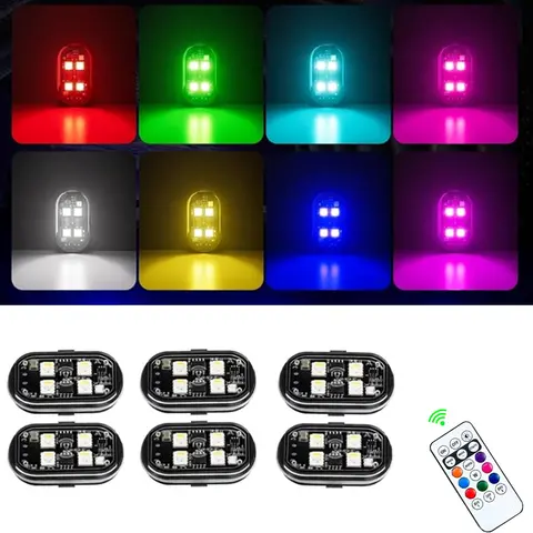 Luces LED estroboscópicas inalámbricas para decoración de coche, luz de ambiente, 8 colores, luces para motocicleta, Flash LED con carga USB, 2/4 Uds.