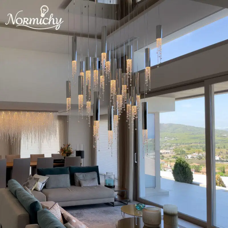 Modern Crystal LED Chandelier Luxury Large Crystal Staircase Hanging Corridor Hall Indoor Ceiling Light Changeable Home Decor